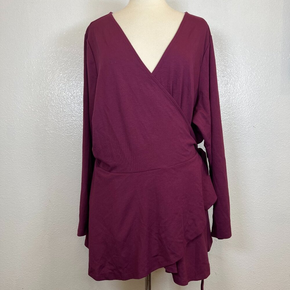 NWT ELOQUII MAROON WRAP LONG SLEEVE PEPLUM TOP SIDE WAIST TIE BEAUTIFUL SIZE 26‎